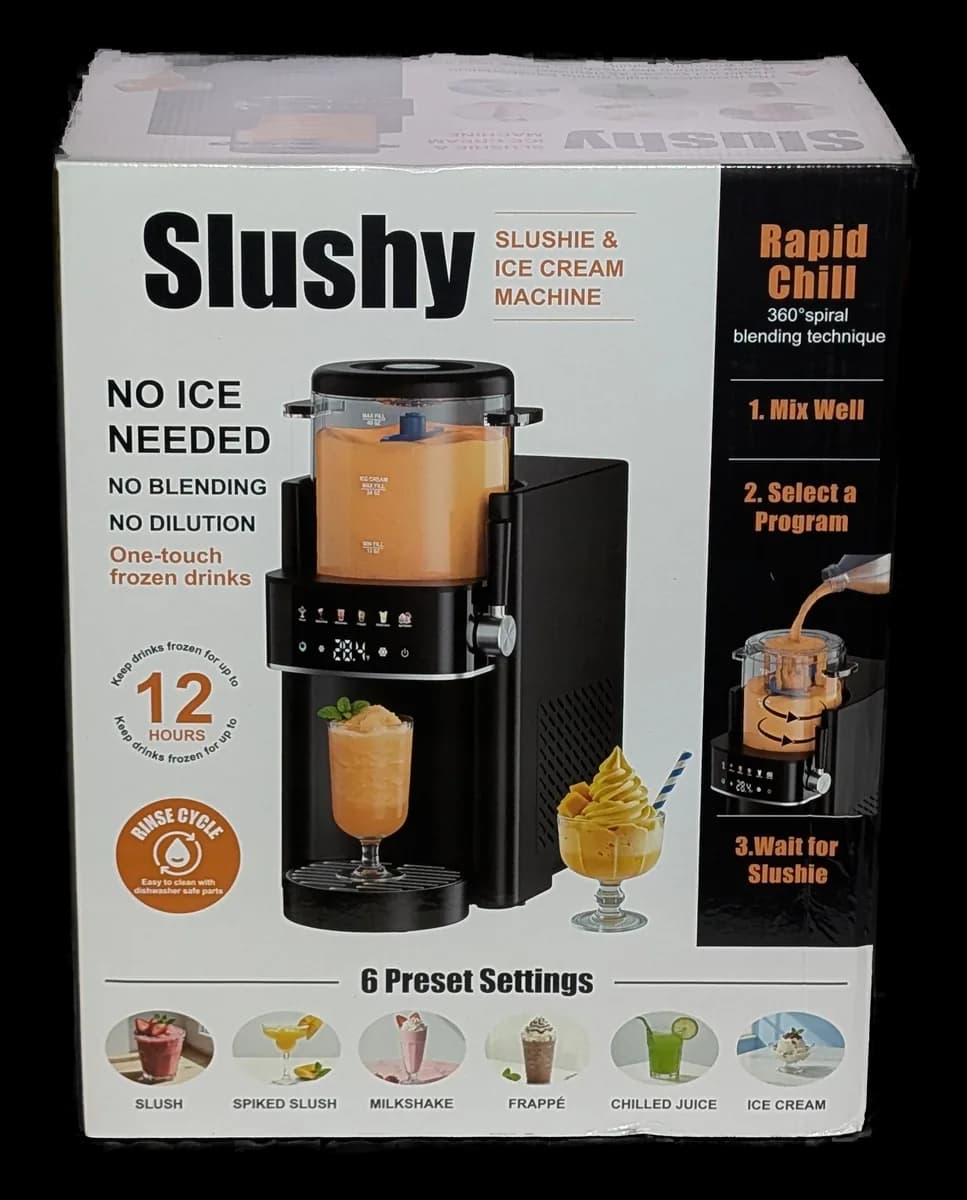 Countertop slushie machine with a clear hopper and a dispensing tap at the front