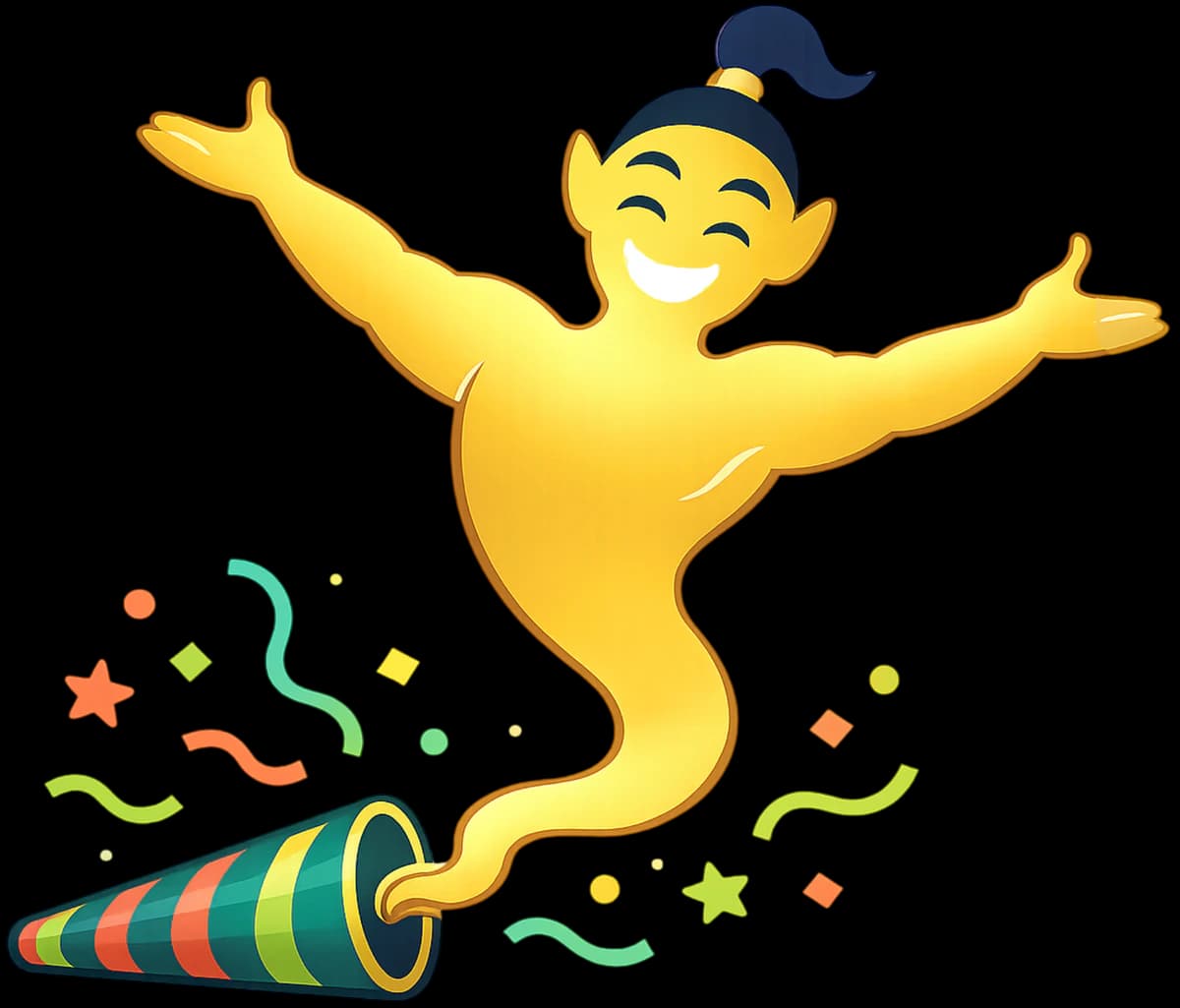 The Grand Genie bursting from a party popper with confetti